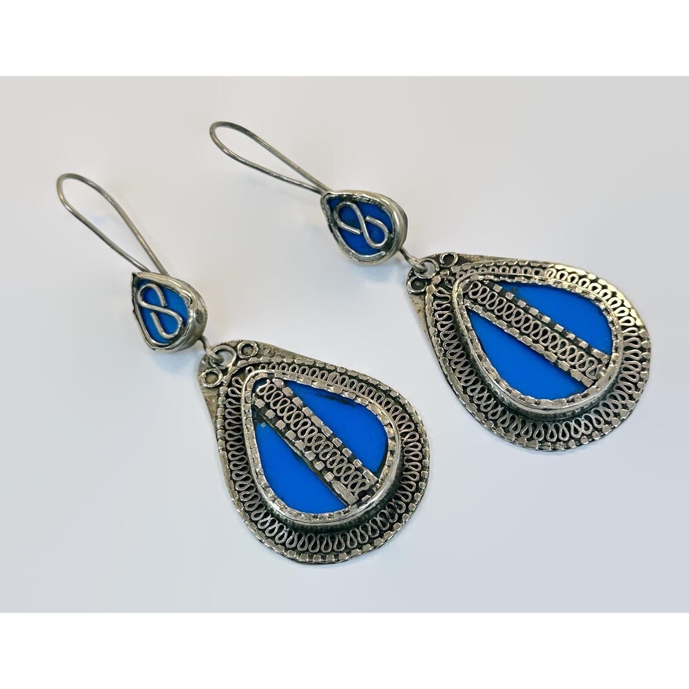 Vintage Enamel Kuchi Earrings, Silver Turquoise Boho Afghan Jewelry